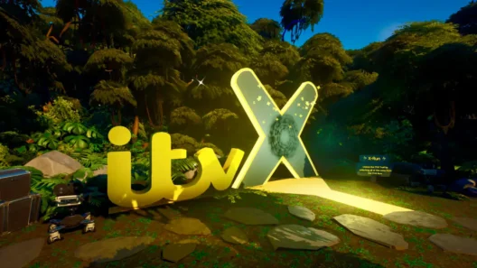 ITVX logo in a jungle-themed setting, symbolizing ITV’s virtual world and streaming access from anywhere with a VPN