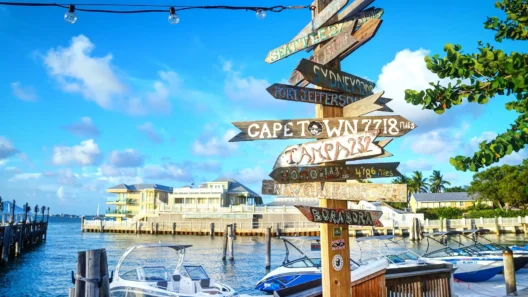 Colorful direction sign at a marina in Key West, pointing to cities around the world under a bright blue sky.