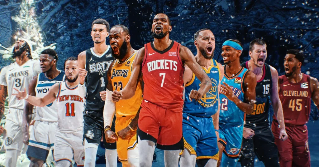 A lineup of NBA superstars in their team jerseys, ready for the 2025–26 season—a visual representation of the league’s top players who will be impacted by the new "heave" rule change.
