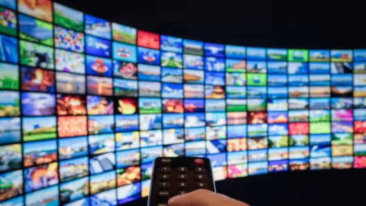 Hand holding a remote control in front of a curved wall of streaming thumbnails, representing the growing variety of Nepali TV and OTT platforms accessible from abroad.