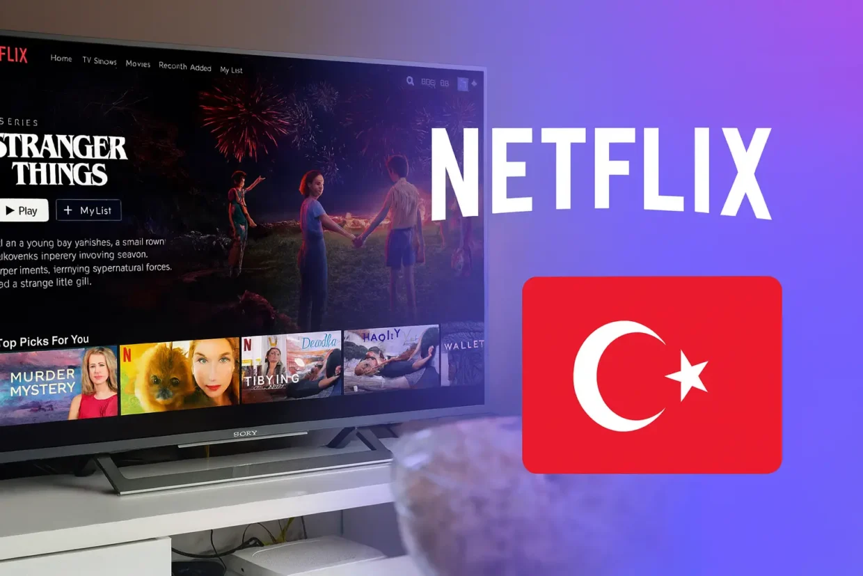 A living room scene with a modern TV displaying Netflix and Stranger Things, a popcorn bowl in the foreground, the Netflix logo, and a large Turkish flag—visualizing streaming US Netflix in Turkey.