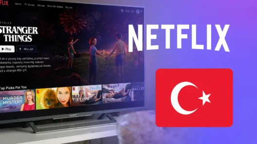 A living room scene with a modern TV displaying Netflix and Stranger Things, a popcorn bowl in the foreground, the Netflix logo, and a large Turkish flag—visualizing streaming US Netflix in Turkey.