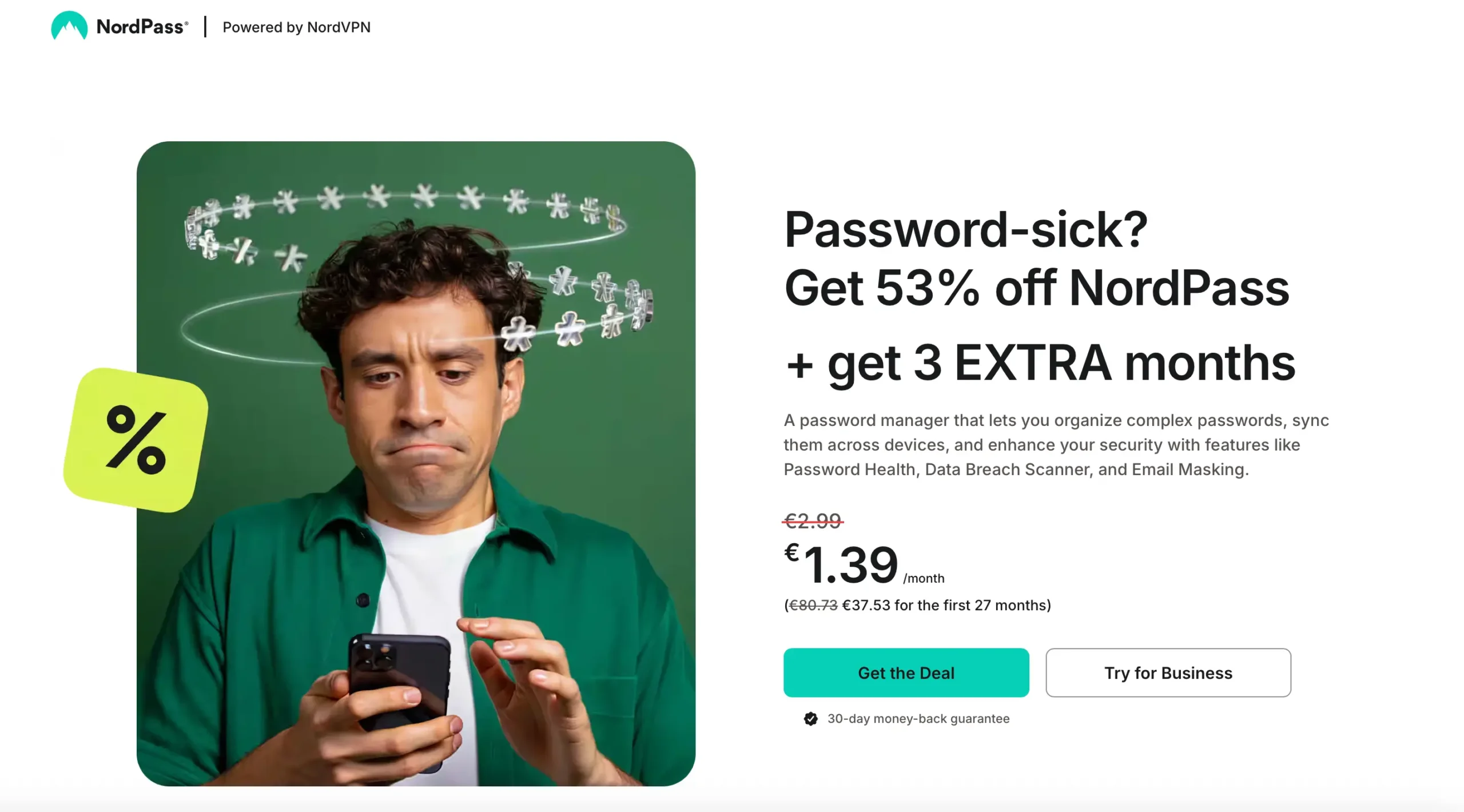NordPass discount offer – 53% off and 3 extra months, illustration of a man holding a phone with password symbols around his head.