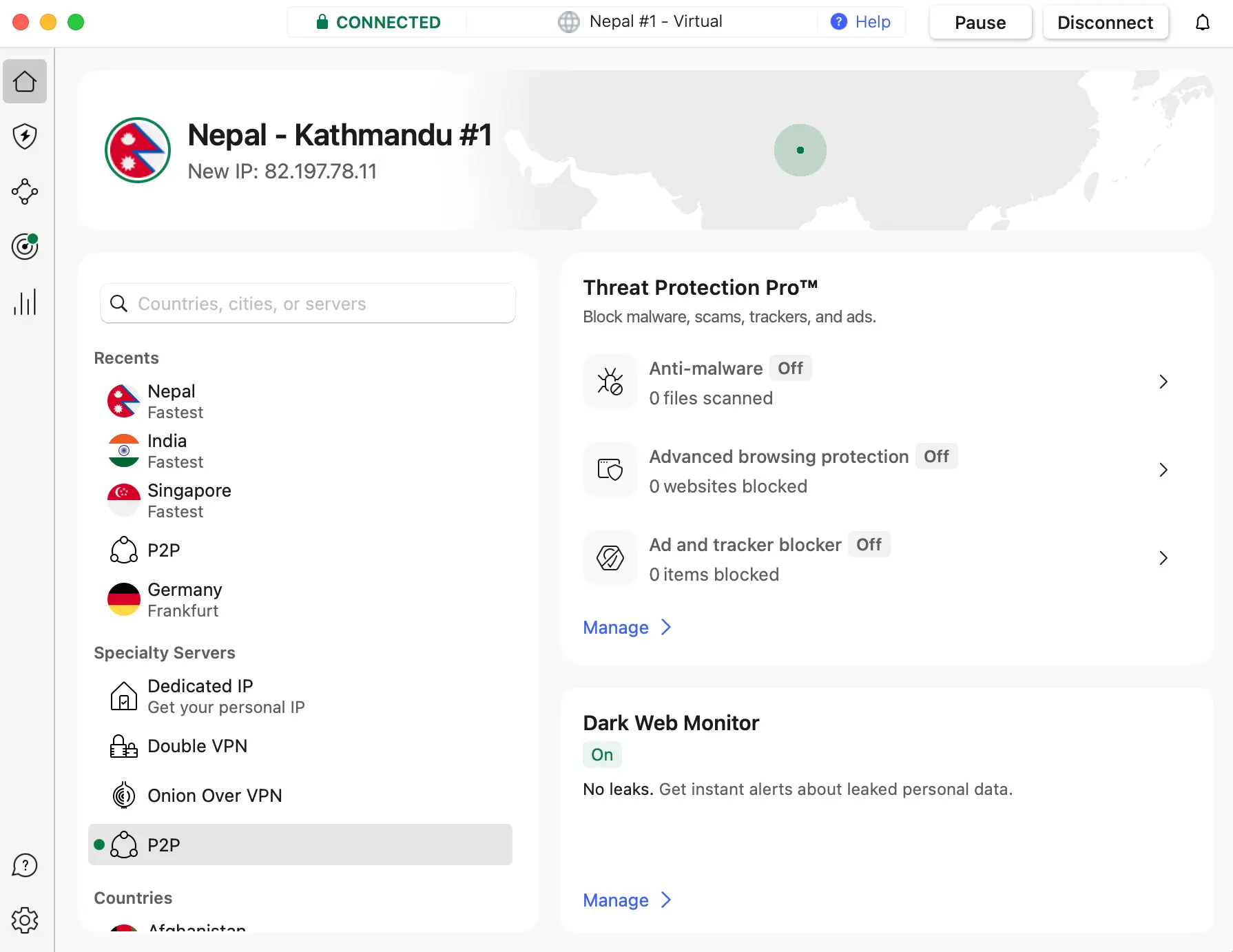 NordVPN app interface displaying an active connection to a Nepal – Kathmandu server, showing advanced security features enabled. This demonstrates how users can change their virtual location and securely access Nepali content abroad.