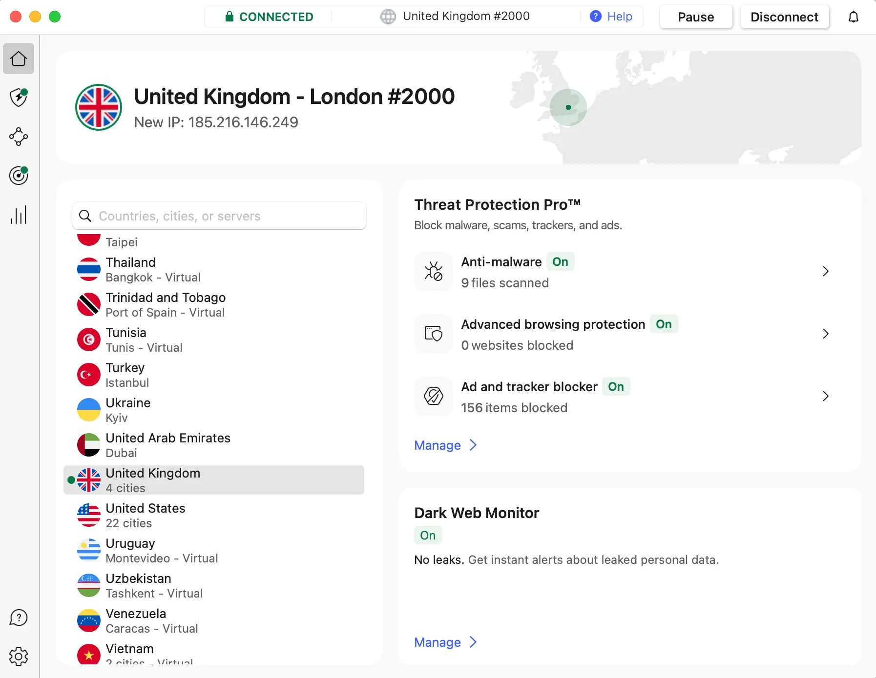 NordVPN MacOS app connected to a UK server with Threat Protection Pro enabled, including ad, tracker, and malware blocking.