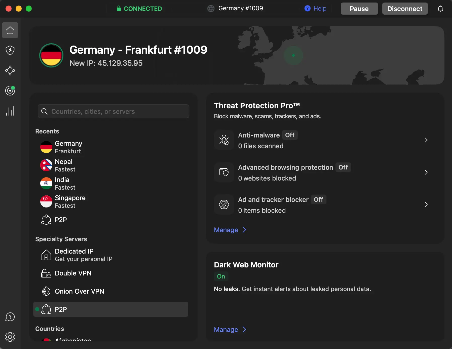NordVPN app interface on MacOS, connected to a server in Frankfurt, Germany. The screen highlights advanced security features like Threat Protection, Dark Web Monitor, and a list of recently used VPN locations.