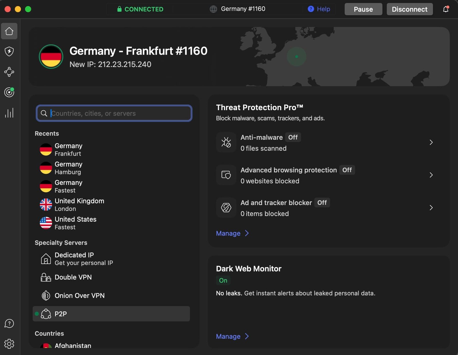 NordVPN connected to a Germany Frankfurt server to unblock restricted websites in Turkey, showing advanced privacy and threat protection features.