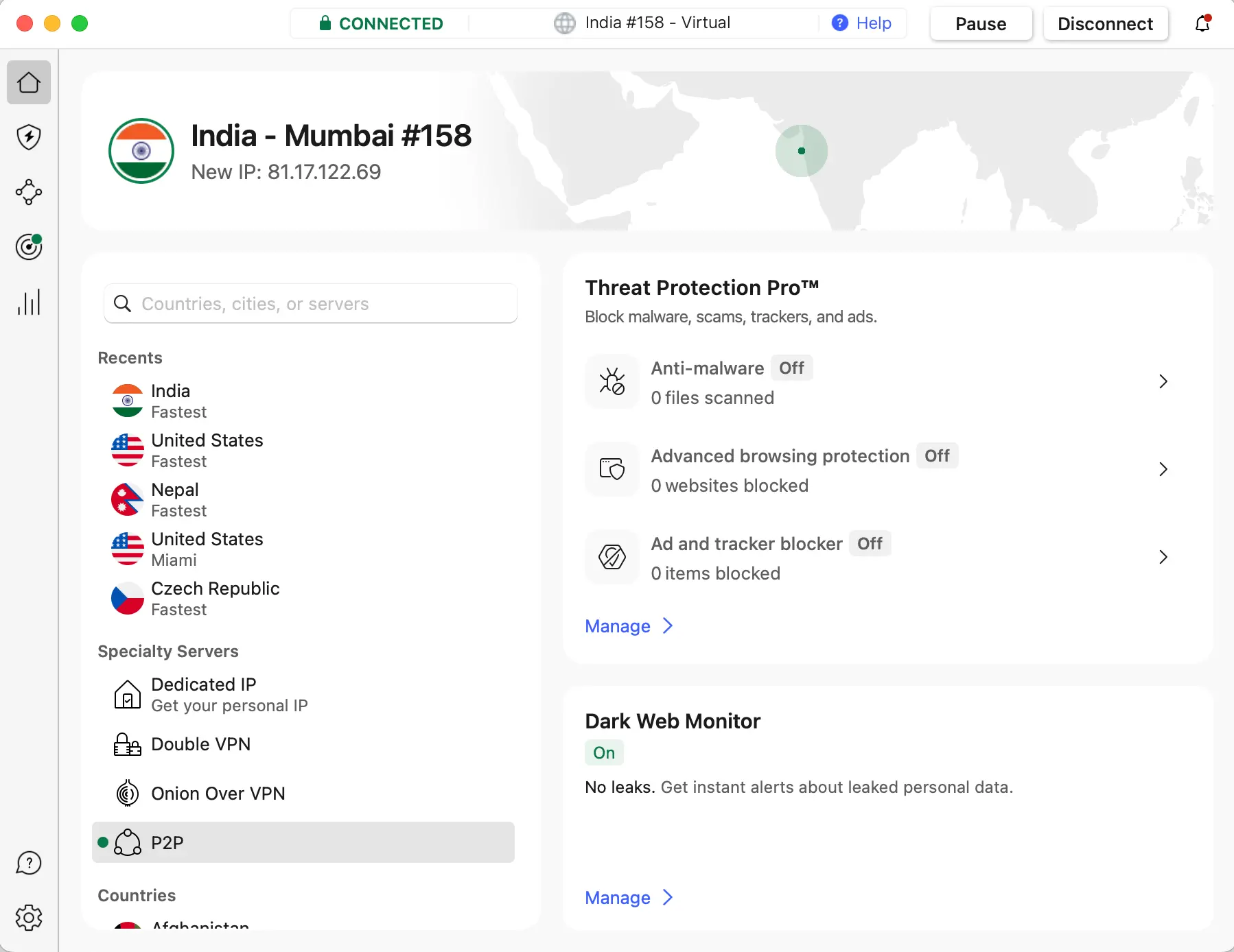 NordVPN interface connected to a virtual Mumbai server in India, with Threat Protection and Dark Web Monitor features visible.