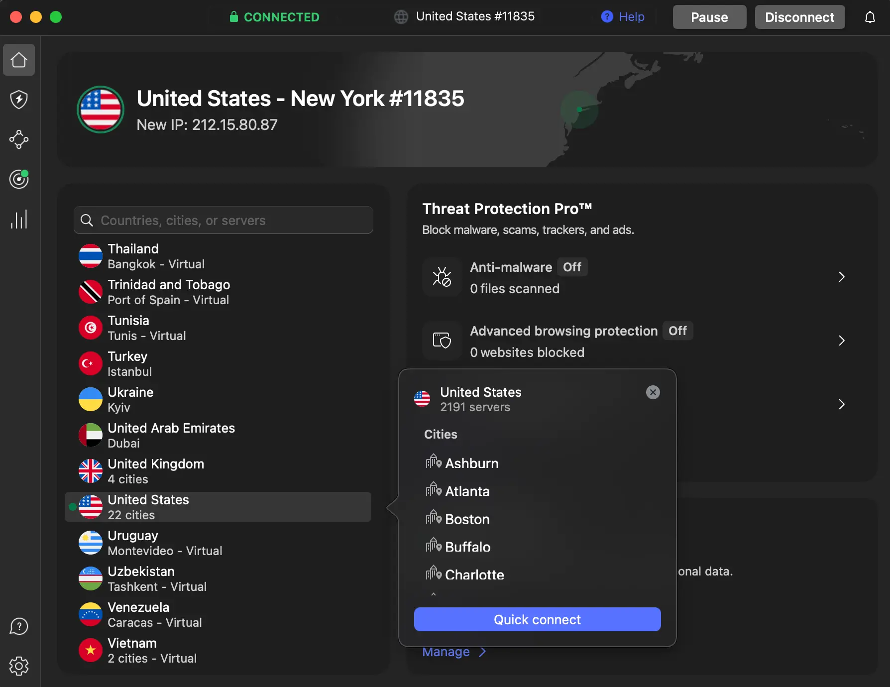 NordVPN app connected to a New York server in the United States, showing a pop-up with a list of U.S. cities and the total number of available VPN servers (2,191) across 22 locations.