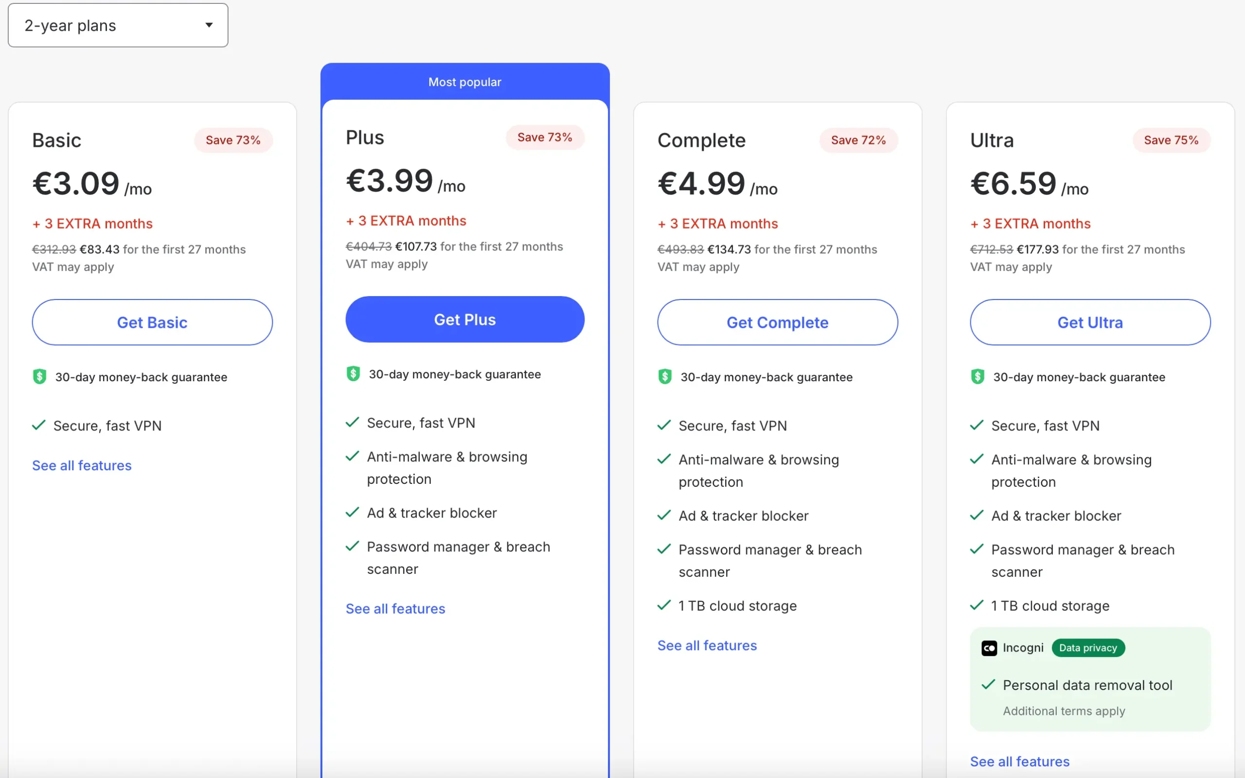 NordVPN pricing table showing four 2-year plans: Basic (€3.09/mo), Plus (€3.99/mo), Complete (€4.99/mo), and Ultra (€6.59/mo). Each plan lists features such as secure VPN, anti-malware, ad blocker, password manager, and extra cloud storage or personal data removal tools for higher tiers.