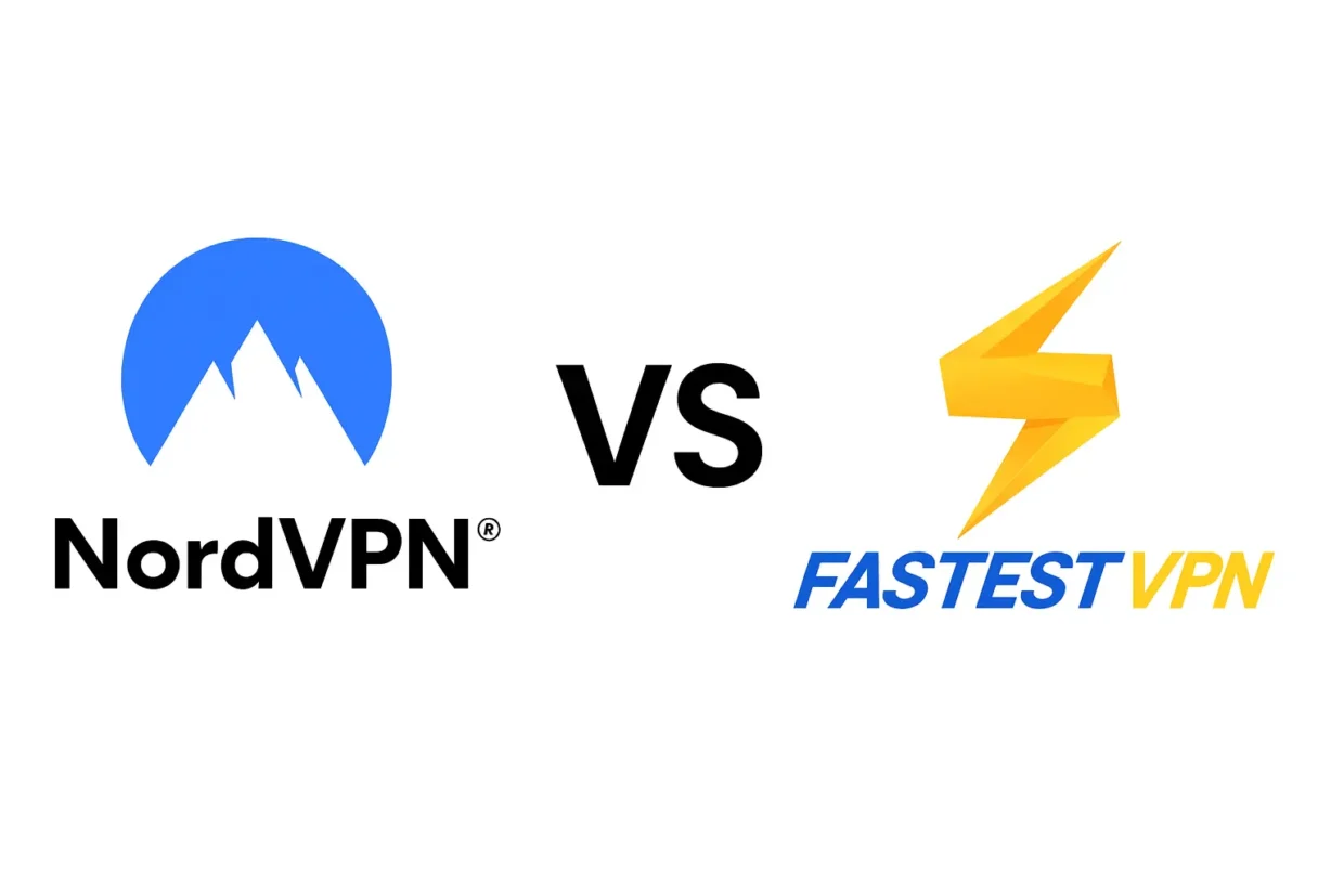 NordVPN and FastestVPN logos side by side with a big “VS” between them on a white background. A clean, modern image showing the two VPN brands for a head-to-head comparison.
