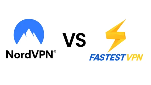 NordVPN and FastestVPN logos side by side with a big “VS” between them on a white background. A clean, modern image showing the two VPN brands for a head-to-head comparison.