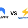 NordVPN and FastestVPN logos side by side with a big “VS” between them on a white background. A clean, modern image showing the two VPN brands for a head-to-head comparison.