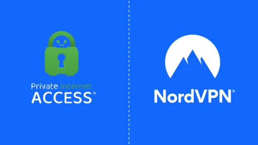 NordVPN vs Private Internet Access logos side by side on a blue background, illustrating a comparison between the two popular VPN services.