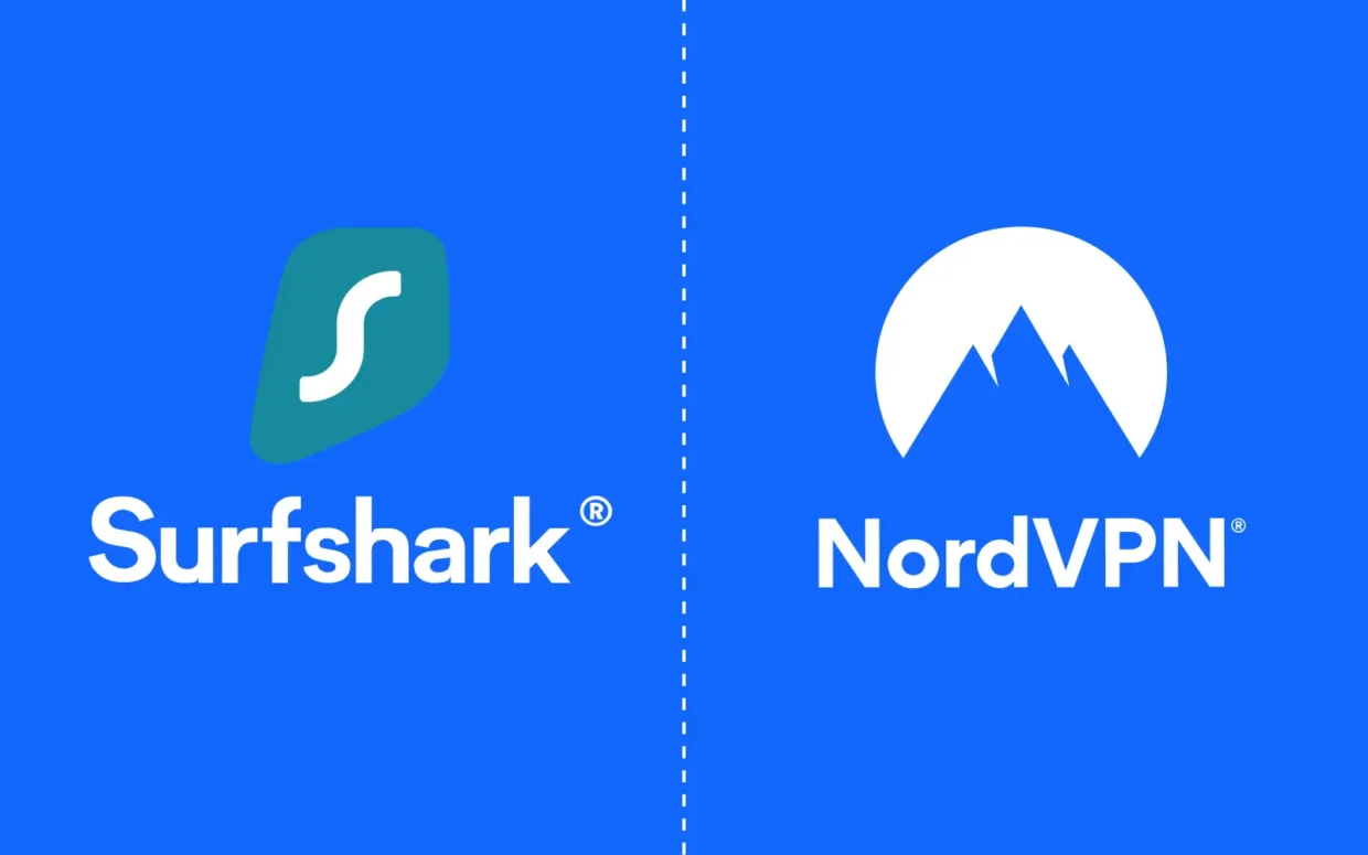 Side-by-side logos of Surfshark and NordVPN – two of the most popular VPN services compared in speed, privacy, features, and pricing.