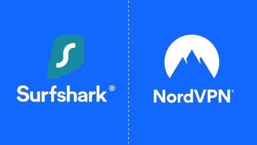 Side-by-side logos of Surfshark and NordVPN – two of the most popular VPN services compared in speed, privacy, features, and pricing.