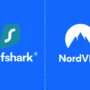 Side-by-side logos of Surfshark and NordVPN – two of the most popular VPN services compared in speed, privacy, features, and pricing.