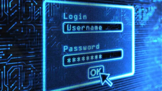 Close-up of digital login screen with username and password fields highlighted in blue, symbolizing online security and password protection.