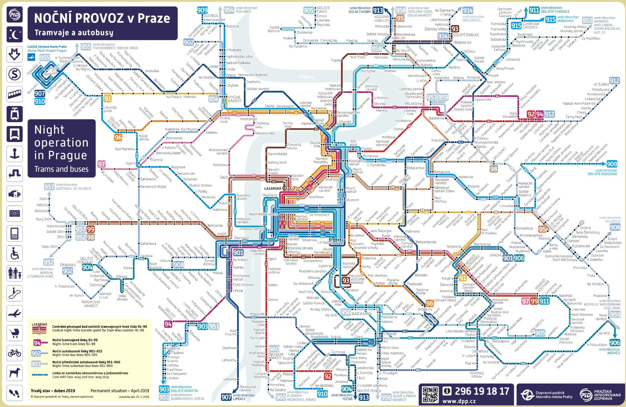 Detailed map of Prague’s night tram and bus network, perfect for planning late-night journeys.

