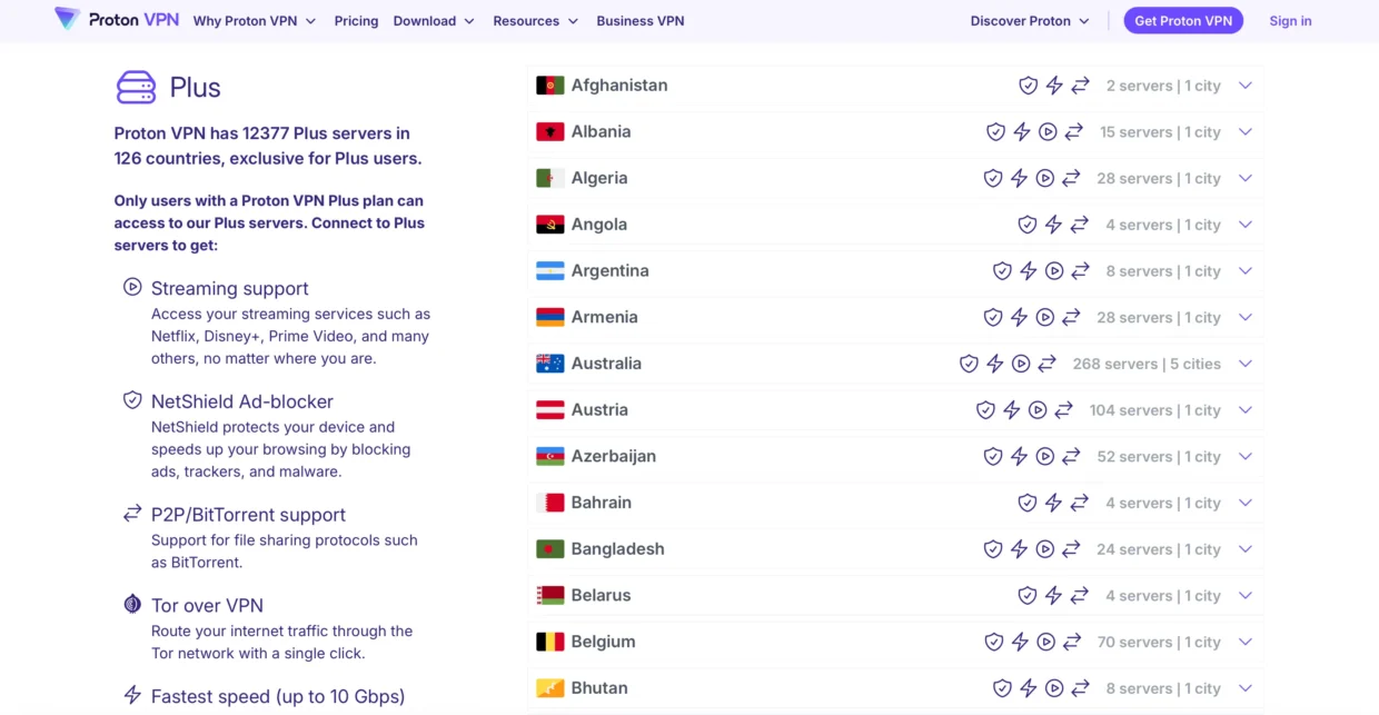 Screenshot showing ProtonVPN Plus server availability by country. Features include streaming support, NetShield ad-blocker, Tor over VPN, P2P support, and 10 Gbps speed.