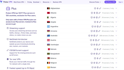 Screenshot showing ProtonVPN Plus server availability by country. Features include streaming support, NetShield ad-blocker, Tor over VPN, P2P support, and 10 Gbps speed.