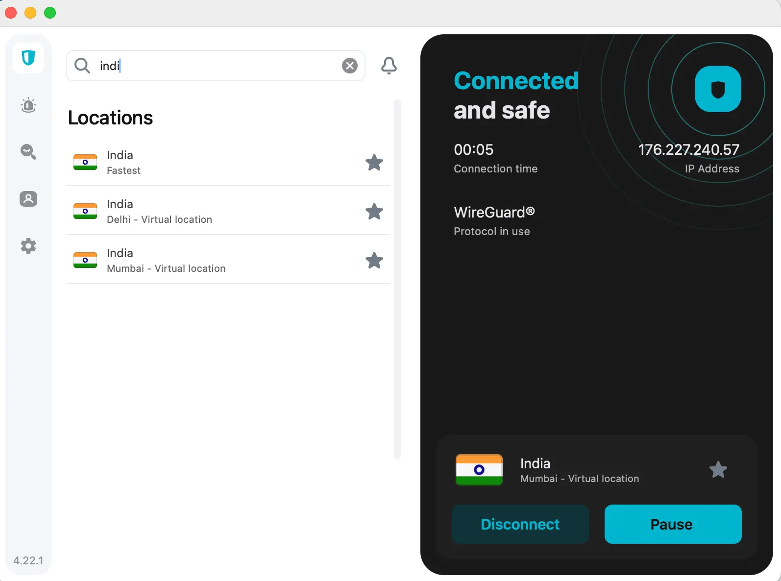Surfshark app connected to a virtual server in Mumbai, India, displaying connection status and using the WireGuard protocol.