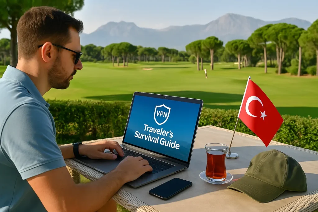 A traveler in Turkey works on his MacBook while enjoying the view, with golf clubs nearby, his phone and Samsung on the table, and his family relaxing. The Turkish flag is visible, showing a real blend of travel, family time, and staying connected online.