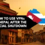 Colorful street scene in Nepal during sunset, with traditional architecture in the background and a bold VPN-related headline—representing digital resistance after the 2025 social media ban.