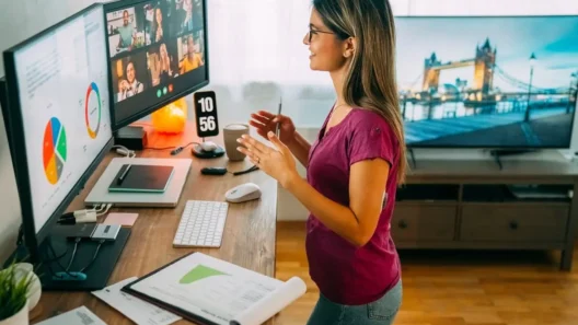 A woman working from her home office, leading a video call with colleagues on dual monitors, surrounded by charts, documents, and a London bridge photo on the TV in the background – a modern remote work setup.