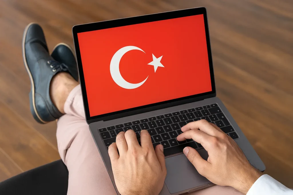 A close-up of a man’s hands typing on a laptop displaying the Turkish flag, with a soft, professional background—ideal for an article about VPNs and digital security in Turkey.