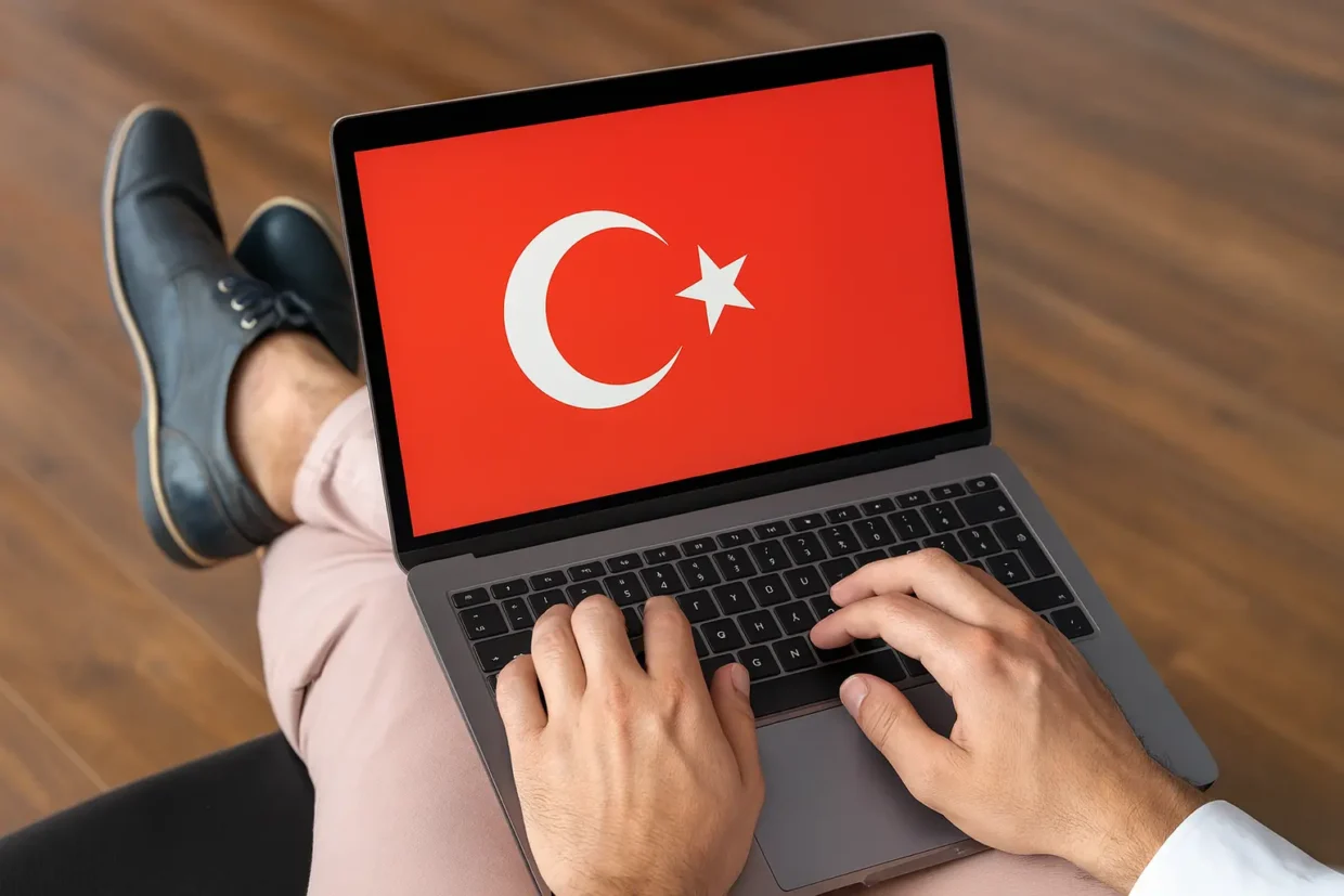 A close-up of a man’s hands typing on a laptop displaying the Turkish flag, with a soft, professional background—ideal for an article about VPNs and digital security in Turkey.