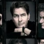 A collage of intense black-and-white portraits of Charlie Sheen, capturing different moods and expressions from the Alias Charlie Sheen docuseries on Netflix.