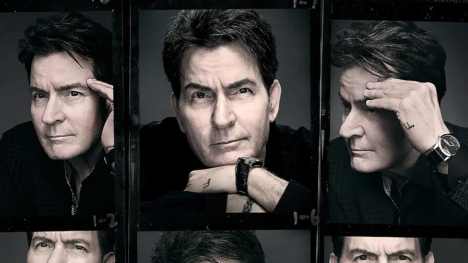 A collage of intense black-and-white portraits of Charlie Sheen, capturing different moods and expressions from the Alias Charlie Sheen docuseries on Netflix.