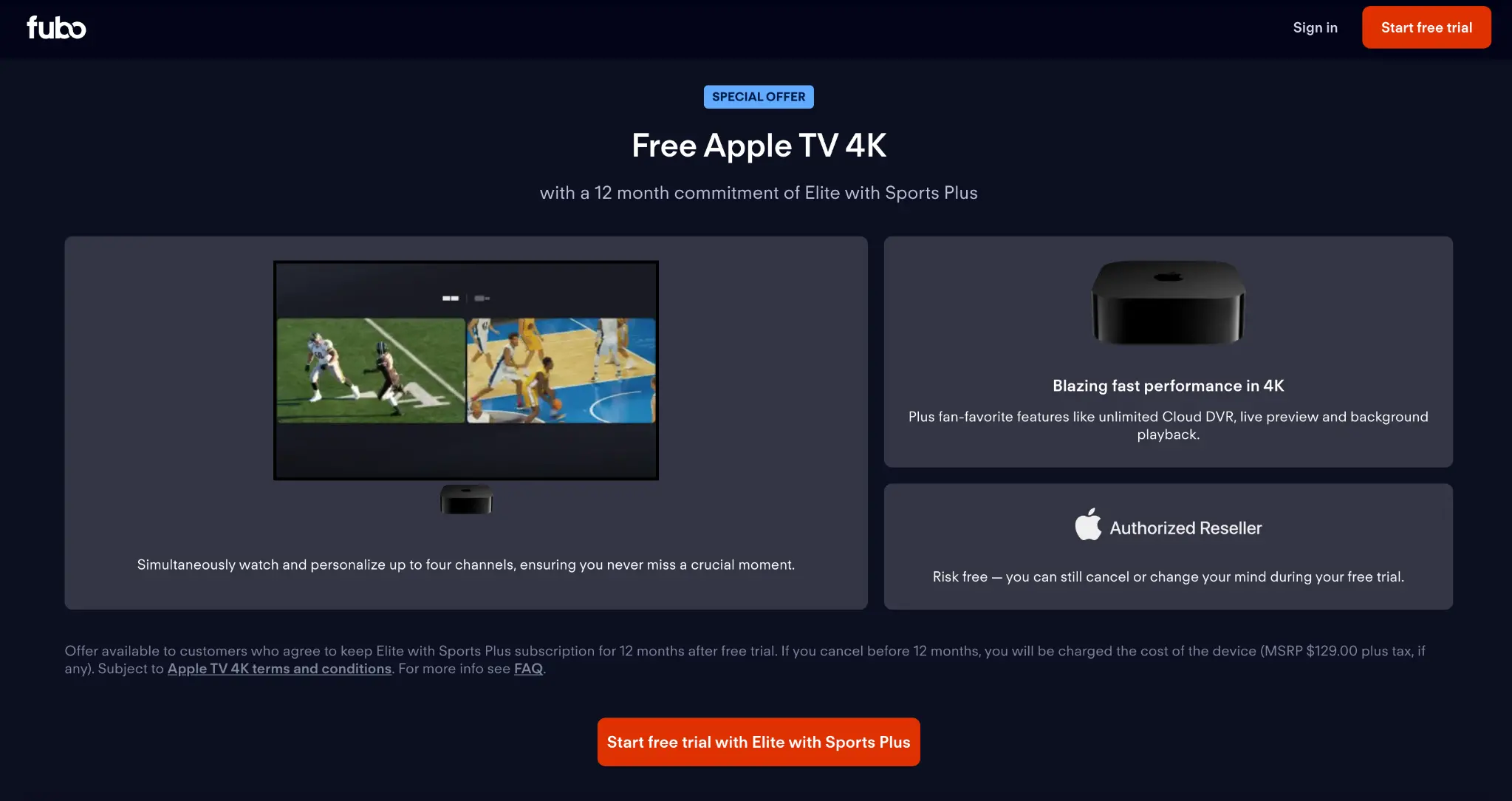 FuboTV promotional offer showing a free Apple TV 4K with a 12-month Elite with Sports Plus subscription, featuring sports split-screen and 4K performance benefits.