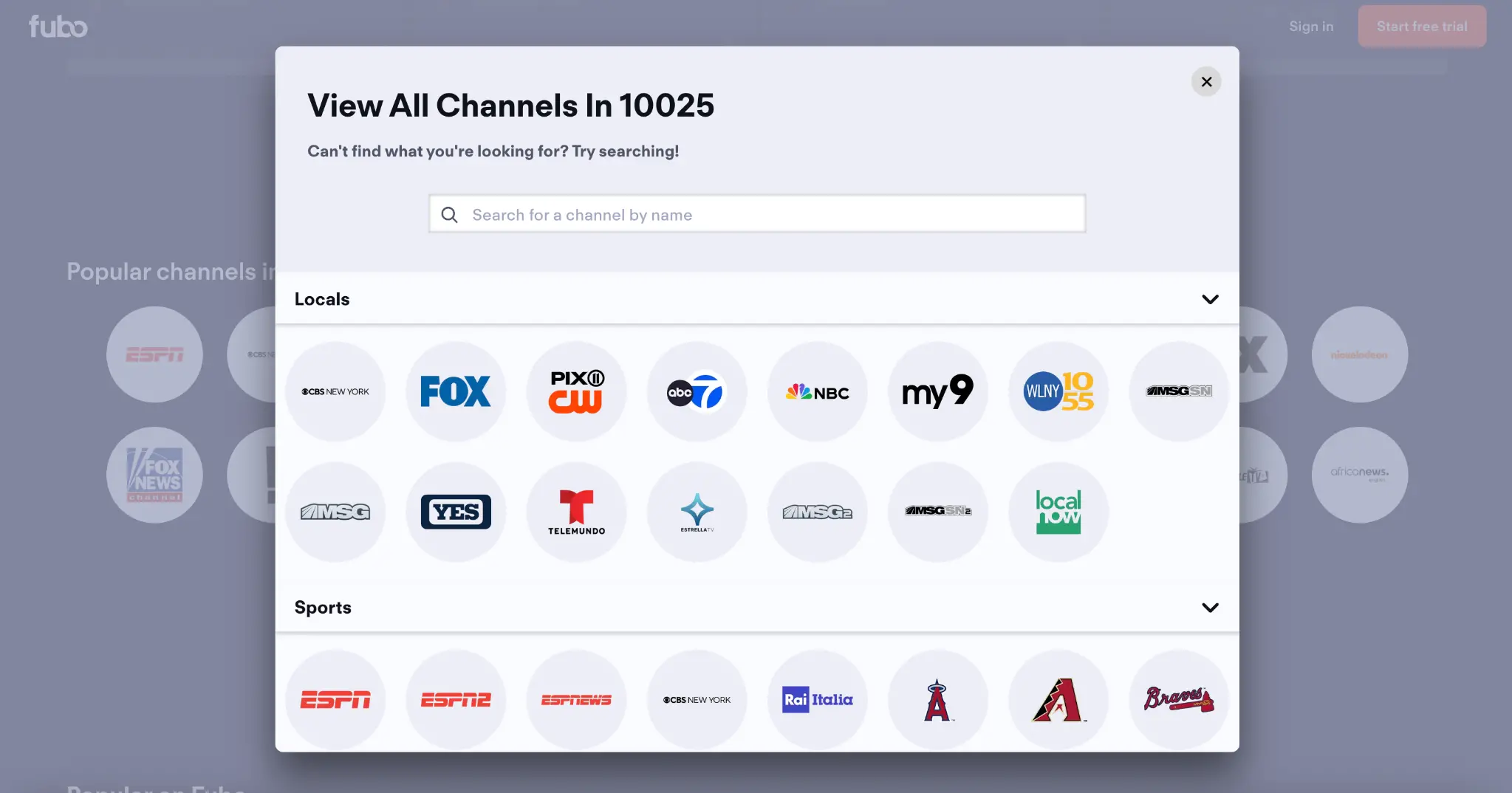 FuboTV channel guide for ZIP code 10025 showing local channels like FOX, NBC, Telemundo, and ABC, with available sports networks including ESPN and Rai Italia.
