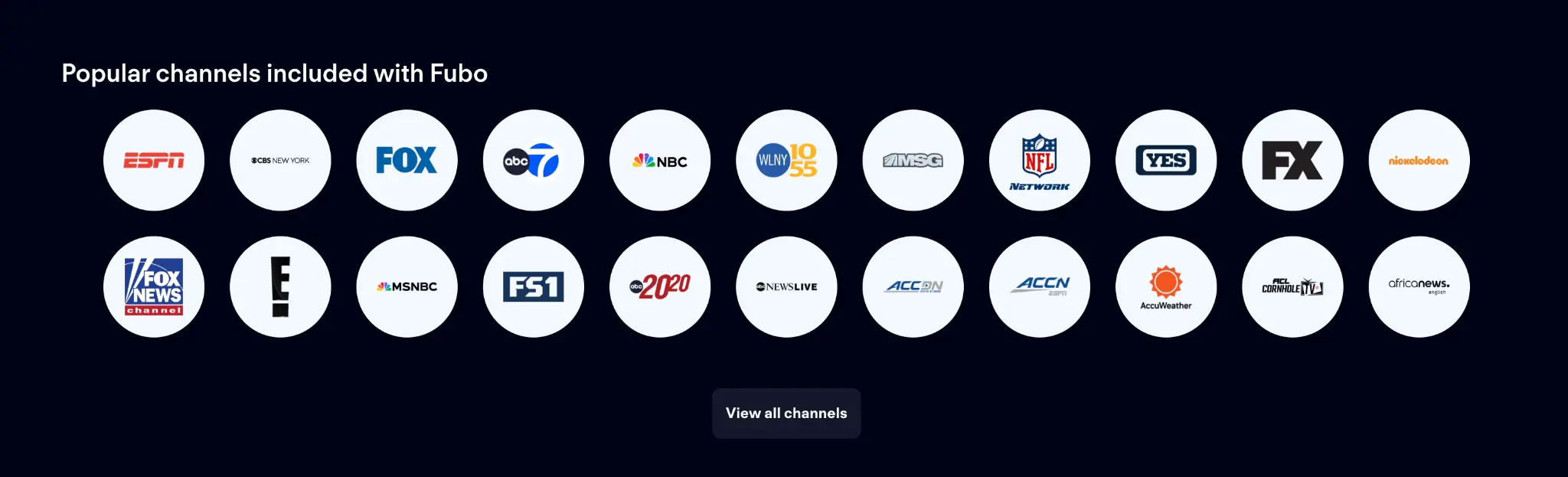 List of popular channels included with Fubo, featuring ESPN, FOX, CBS, NFL Network, FS1, MSG, and other live sports and news channels available in the U.S.