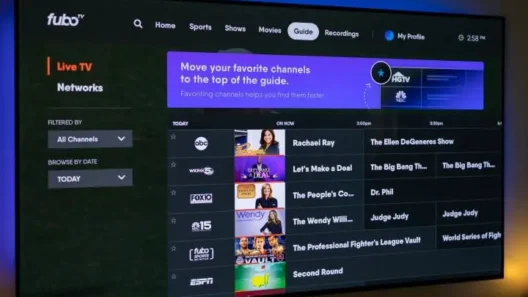 FuboTV guide interface on smart TV showing live channel lineup including ABC, FOX, ESPN, and schedule for shows like Rachael Ray and The Big Bang Theory.