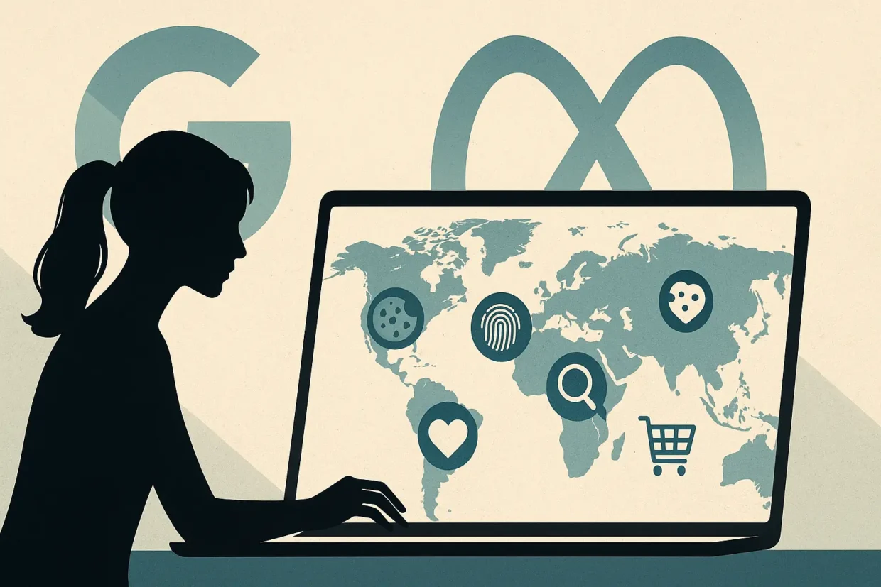 Stylized image of a woman using a laptop with a world map on the screen showing icons for cookies, fingerprint, heart, search, and shopping cart. Google and Meta logos appear faintly behind her.