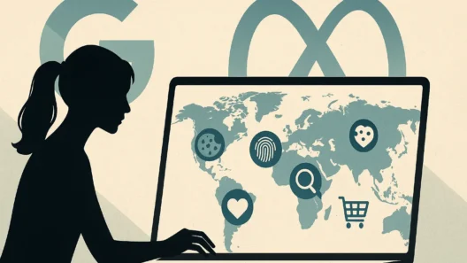 Stylized image of a woman using a laptop with a world map on the screen showing icons for cookies, fingerprint, heart, search, and shopping cart. Google and Meta logos appear faintly behind her.