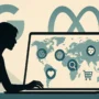 Stylized image of a woman using a laptop with a world map on the screen showing icons for cookies, fingerprint, heart, search, and shopping cart. Google and Meta logos appear faintly behind her.