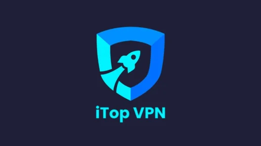 iTop VPN logo featuring a rocket inside a blue shield, symbolizing speed and online protection.