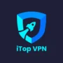 iTop VPN logo featuring a rocket inside a blue shield, symbolizing speed and online protection.