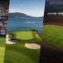 Collage of iconic sports scenes featuring a tennis player at Wimbledon, a coastal golf course at Pebble Beach, and a packed football stadium under night lights.