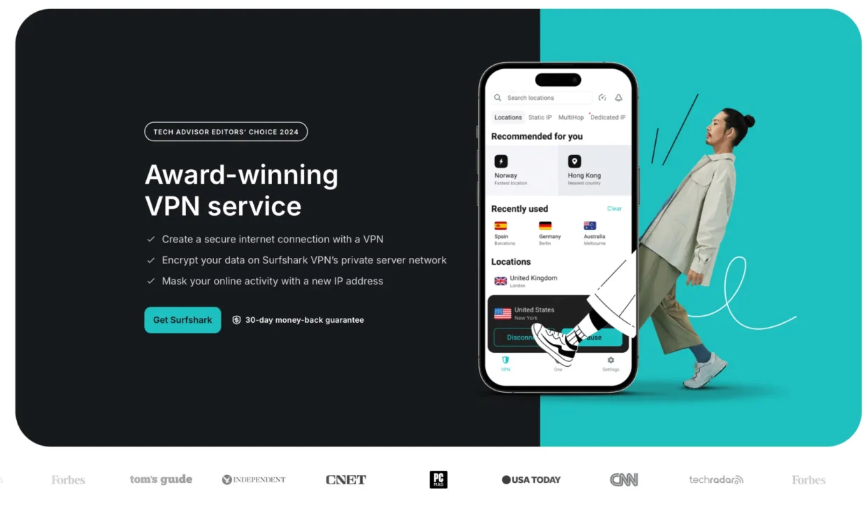 A section of the Surfshark website explaining their global network of 3200+ RAM-only servers in 100 locations. Below, the headline "One subscription. All platforms. Unlimited devices" is featured above logos for Windows, macOS, Linux, iOS, Android, and various smart TVs.