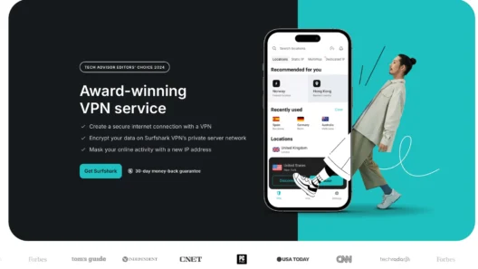 A section of the Surfshark website explaining their global network of 3200+ RAM-only servers in 100 locations. Below, the headline "One subscription. All platforms. Unlimited devices" is featured above logos for Windows, macOS, Linux, iOS, Android, and various smart TVs.