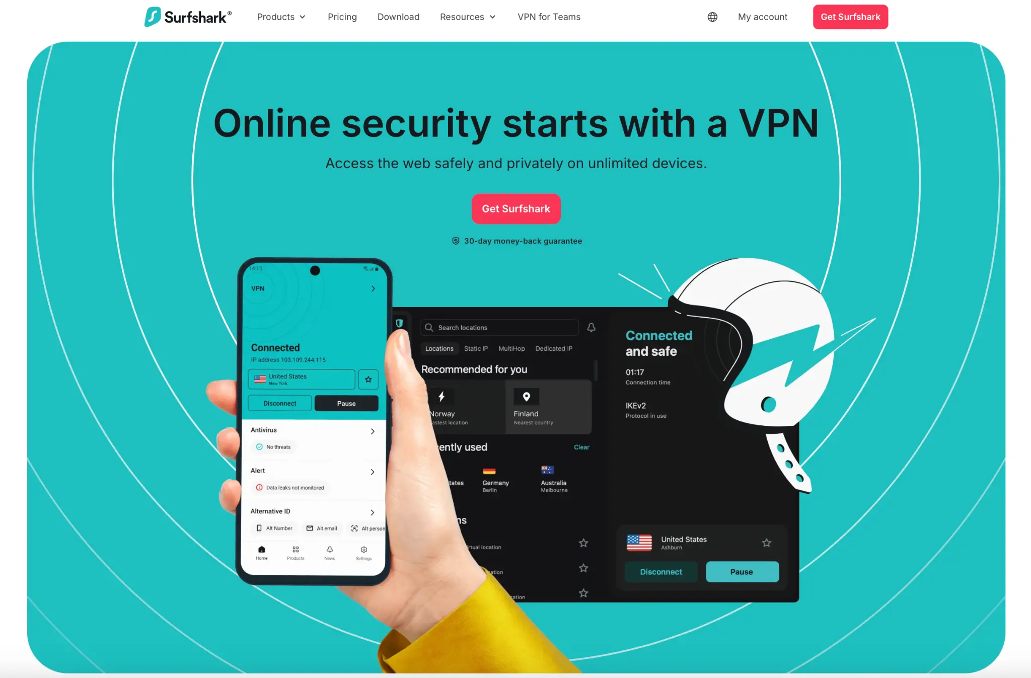 The Surfshark homepage with the headline "Online security starts with a VPN" and an image of the app connected on a phone.
