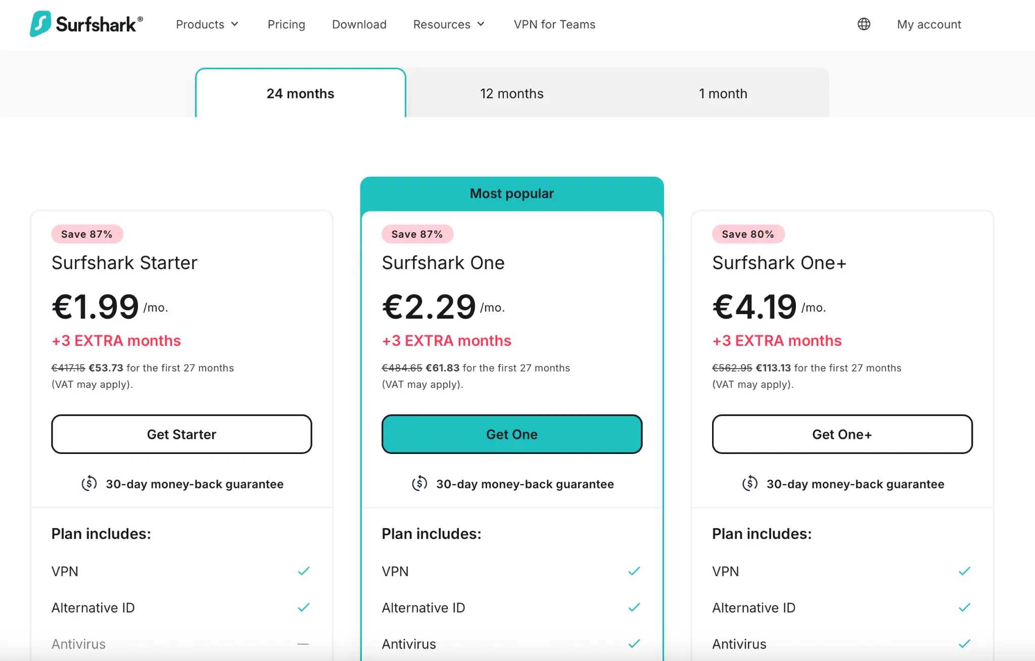 The pricing page for Surfshark in September 2025, detailing three subscription tiers for a 24-month plan: Surfshark Starter at €1.99/mo, Surfshark One at €2.29/mo, and Surfshark One+ at €4.19/mo. All plans show a 30-day money-back guarantee.
