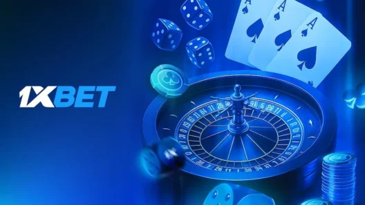 1xBet Albania betting interface showing roulette, poker cards, dice and chips in a glowing blue casino theme – popular for online gambling with VPN access.