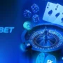 1xBet Albania betting interface showing roulette, poker cards, dice and chips in a glowing blue casino theme – popular for online gambling with VPN access.