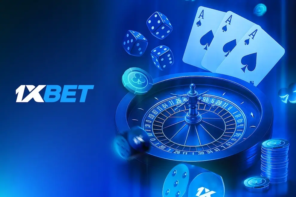 1xBet Albania betting interface showing roulette, poker cards, dice and chips in a glowing blue casino theme – popular for online gambling with VPN access.